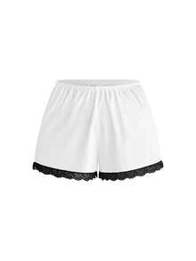 ROMWE Kawaii Plus Size Sweet Pure Innocent Cute Doll Style Ribbed Lace Cami Shorts Casual Sleepwear Set - White - View 5