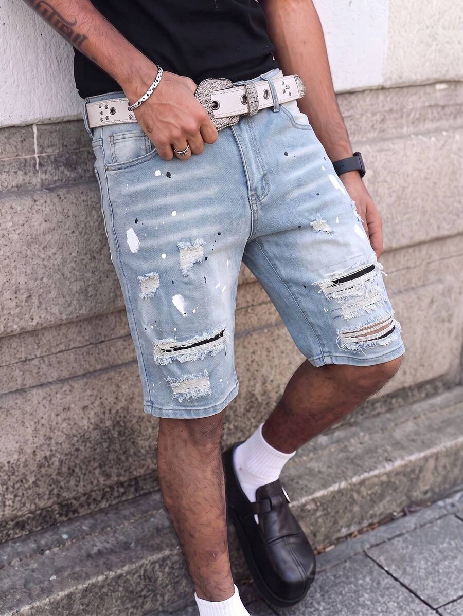 Manfinity EMRG Shorts de mezclilla casuales y versátiles para hombres, para uso diario y viajes, con bolsillo y diseño desgastado - Lavado ligero - Ver 1