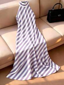 SHEIN Franclia Damen-Maxikleid im französischen eleganten Stil, gewebter schwarz-weiß gestreifter Stoff, Neckholder, ärmellos, Sommerkleid für Damen, Sommeroutfit, Strandoutfit, Strandkleid, Ausflugskleid, Urlaubsoutfit für Damen, Urlaubskleid, lässiges Damenkleid, Pendleroutfit für Damen, Bürooutfit für Damen, gesellschaftliches Kleid, Arbeitskleid, Bürokleidung für Damen, Businesskleidung für Damen, Arbeitskleidung für Damen, Arbeitskleid für Damen, neues Sommerkleid für Damen - Violett - Übersicht 6