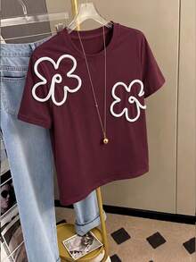 Resyla Women's Summer Casual 3D Floral Decor T-Shirt - Burgundy - View 5