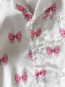 SHEIN 女童粉色蝴蝶結印花翻領前開短袖長褲套裝 防火居家服 - 白色 - 查看 6