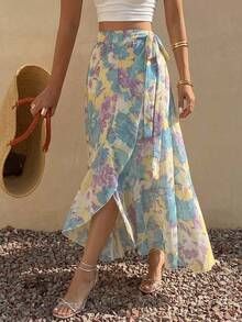 DAZY Women's Elegant Chiffon Floral Print Ruffle Hem Mid-Length Skirt, Suitable For Summer,Back To School Clothes Vacation Easter Boho - Green - View 13
