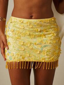 MISSGUIDED Minifalda de malla amarilla con apliques florales de lentejuelas, flecos con cuentas, adornada para festival de verano y fiesta - Multicolor - Ver 1