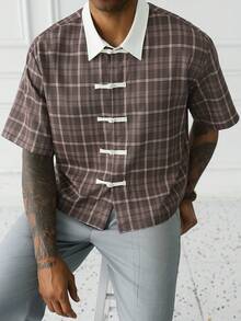 HUEFORM Men's Fashion Plaid Print  Frog-Button Mandarin  Cropped Fit Shirt ,Perfect For Those Who Care About Style In Their Outfits. - Khaki - View 4
