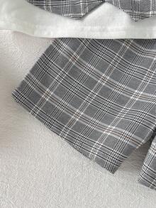 Cozy Pixies Conjunto de 3 piezas de traje para bebé niño y niña, estilo caballero, camisa blanca de manga corta tipo camiseta, chaleco y pantalones cortos, estampado de cuadros grises, adecuado para primavera y verano, estilo británico, para uso en casa y al aire libre, ideal para fiesta de cumpleaños, bautizo, celebración del primer cumpleaños, fiesta de noche, actuación, cena, boda y otras ocasiones - Gris - Ver 7