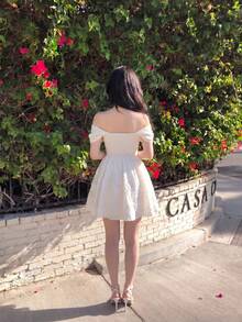 SHEIN MOD Women's Apricot Textured Open Shoulder Short Dress, Romantic Elegant Summer Birthday Party Clothes, White Wedding, Halloween - Beige - View 3