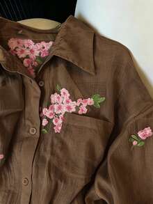 INAWLY 女款時尚休閒極簡浪漫度假風刺繡花卉長袖鈕扣襯衫 - 卡其色 - 查看 3