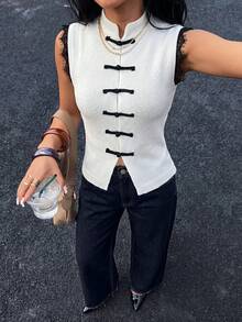 Firerie Women's New Black Lace Patchwork Frog Button Sleeveless Knit Top, Lace Patchwork Sweater, New Chinese Style Frog Button Sleeveless Vest Knitwear, Vintage Court Style Top, Retro Elegant Top, Suitable For Commuting, Dating, Graduation Ceremony, Performance, Concert, Work, Back To School, Women's Birthday And Other Occasions - White - View 7
