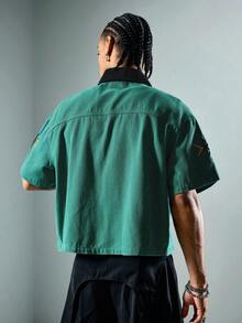 ROMWE MEN Street Life Men's Geometric Embroidery Short Sleeve Denim Shirt With Horn Buttons - Green - View 3