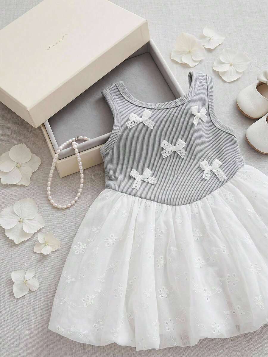 SHEIN 1件女嬰可愛森系優雅公主洋裝，灰色圓領無袖背心裙，花卉刺繡A字蓬蓬裙，適合夏季日常外出、旅行、購物、公園、派對等場合