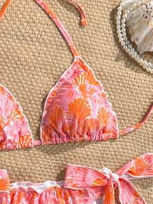 Swim Vcay Set Bikini Wanita 2 Potong Musim Panas Seksi Motif Kerang & Bunga Acak Tepi Bergelombang Leher V Model Halter - MultiWarna - View 3