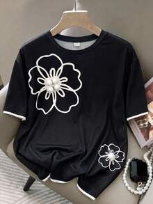 SHEIN Teen Girl Teen Girls T-Shirts Floral Print Crew Neck Short Sleeve Casual Versatile - Black - View 1