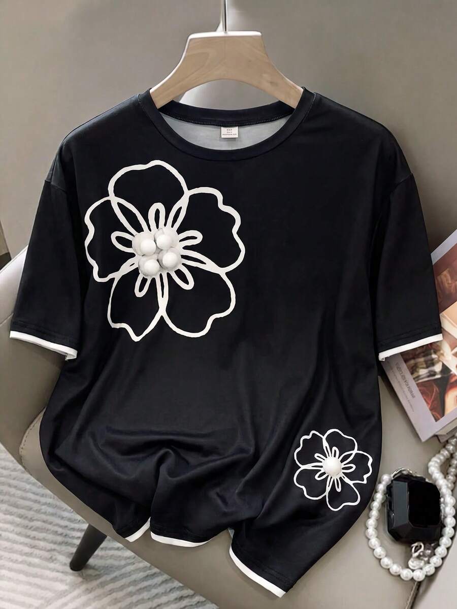 SHEIN Teen Girl Teen Girls T-Shirts Floral Print Crew Neck Short Sleeve Casual Versatile - Black - View 1