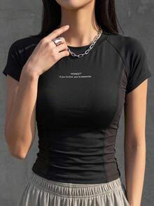 DAZY Color Block Patchwork Sports Fashion Letter Graphic Short Sleeve Women T-Shirt - Black - View 11