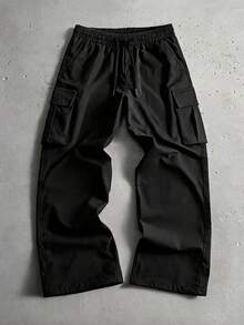 StoneGrade Plus Size Men Casual Solid Color Drawstring Waist Cargo Pants, Fall - Black - View 1