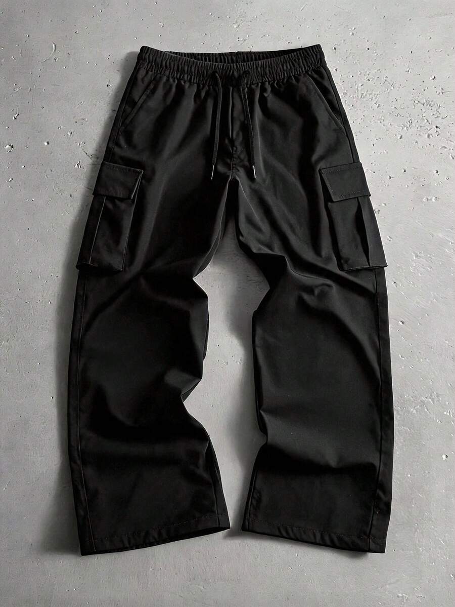 StoneGrade Plus Size Men Casual Solid Color Drawstring Waist Cargo Pants, Fall - Black - View 1