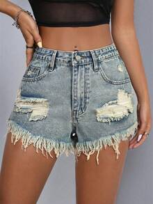 SHEIN PETITE Summer Casual Streetwear Washed Distressed Denim Shorts Vacation Light Blue - Light Wash - View 5