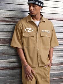 AXEPEAK Men's Letter Print Short Sleeve Cargo Pocket Shirt And Shorts Casual Set - Khaki - View 4