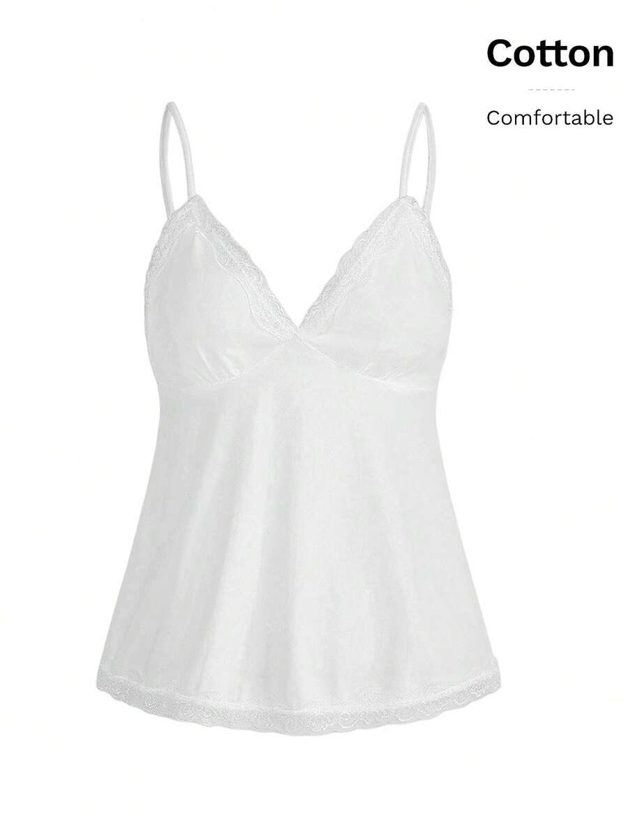ROMWE Fairycore Women's Solid Color Splice Lace Camisole - White - View 1