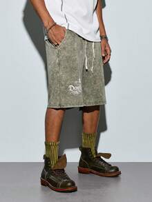 Men's Army Green Letter Print Knit Shorts, Streetwear, Pocket, Drawstring, Summer, Short Pants, Lightweight, Breathable, Cool, Casual, Comfortable Gift For Father/ Husband - Army Green - View 2