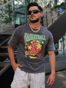 LEOGASHI LEOGASHI Shwiy Men's Street-Style Washed Black Short Sleeve T-Shirt With Basketball & Star Graphic Print, Suitable For School Wear And Gift - Dark Grey - View 3