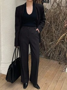 DAZY Casual Business Style Solid Color Straight Leg Pants,Women Dress Pants Low Rise - Black - View 9