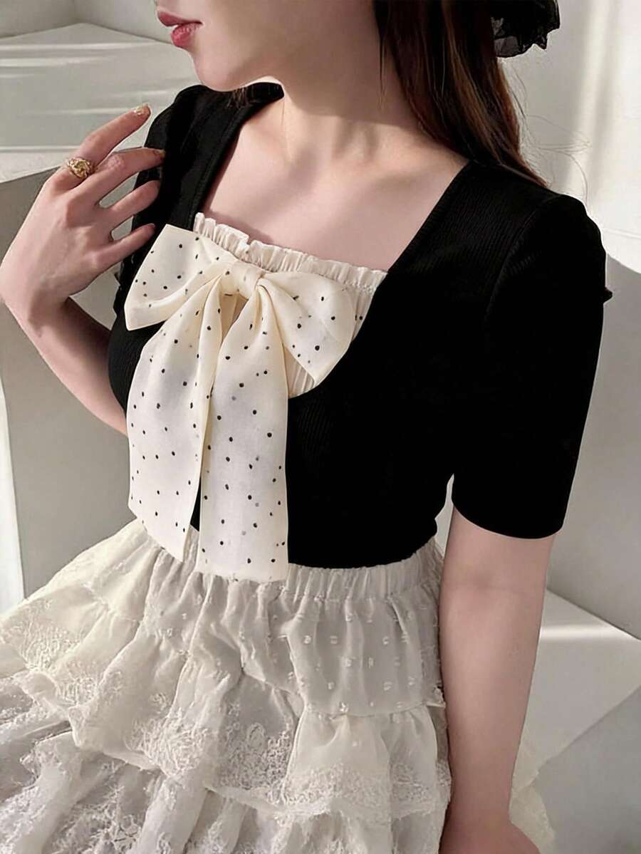 FRIFUL 女款拼接波點蝴蝶結裝飾修身顯瘦百搭夏季T恤 - 黑色 - 查看 1
