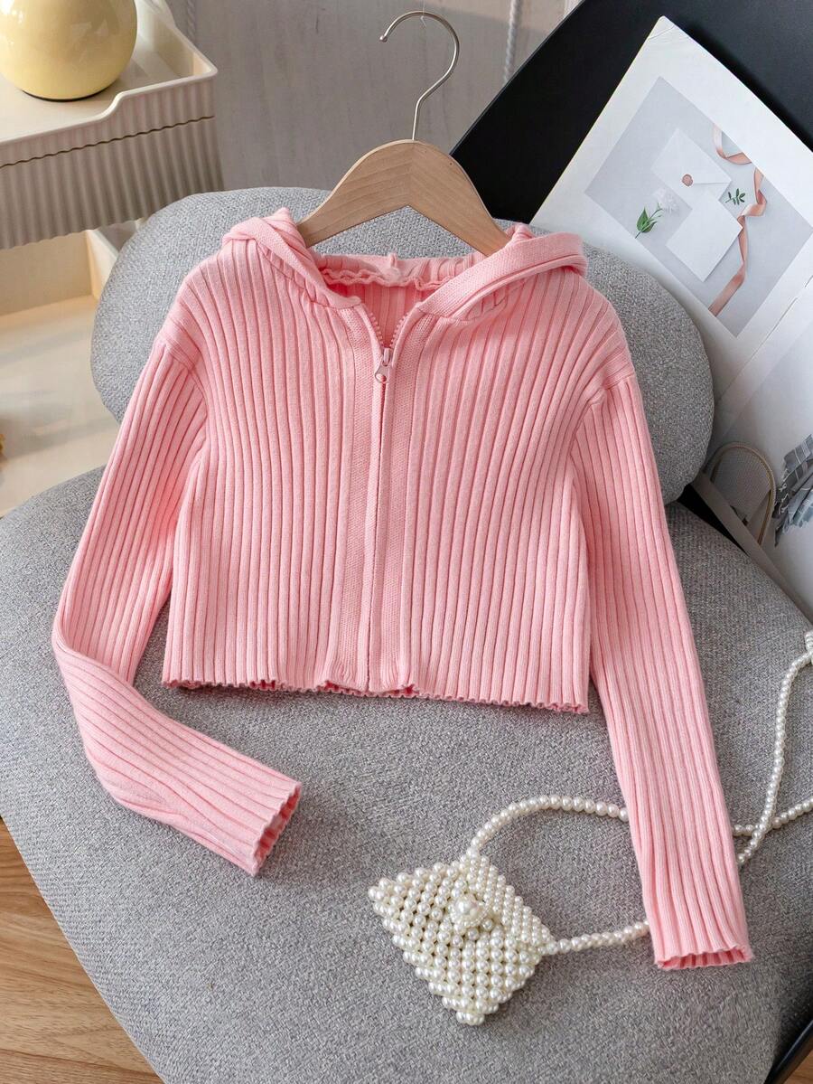 SHEIN Genkimix Kids 青少年女孩休閒百搭純色連帽開襟外套 秋季 - 粉色 - 查看 1
