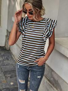 Wandoria Women's Summer Casual Striped Round Neck Cap Sleeve Tee Graphic Tees Women Tops - Multicolor - View 6