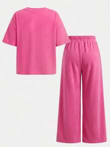 Baby Girls Casual Simple Pink Pattern T-Shirt Set Suitable For Summer - Multicolor - View 4