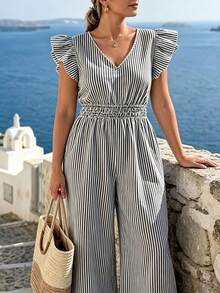 Weeklong Plus Size Women's Fashion Casual Black And White V-Neck Flutter Sleeve Cinched Waist Wide Leg Jumpsuit, Suitable For Spring/Summer, Vacation, Holiday - Black and White - View 3