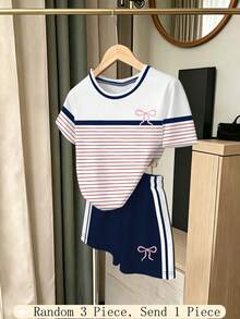 SHEIN 隨機 1 套青少年女孩盲盒 T 恤短褲套裝，韓系甜美復古豹紋蝴蝶結圖案，適合學校、日常穿著、外出、派對、拍照，夏季 - 彩色 - 查看 5