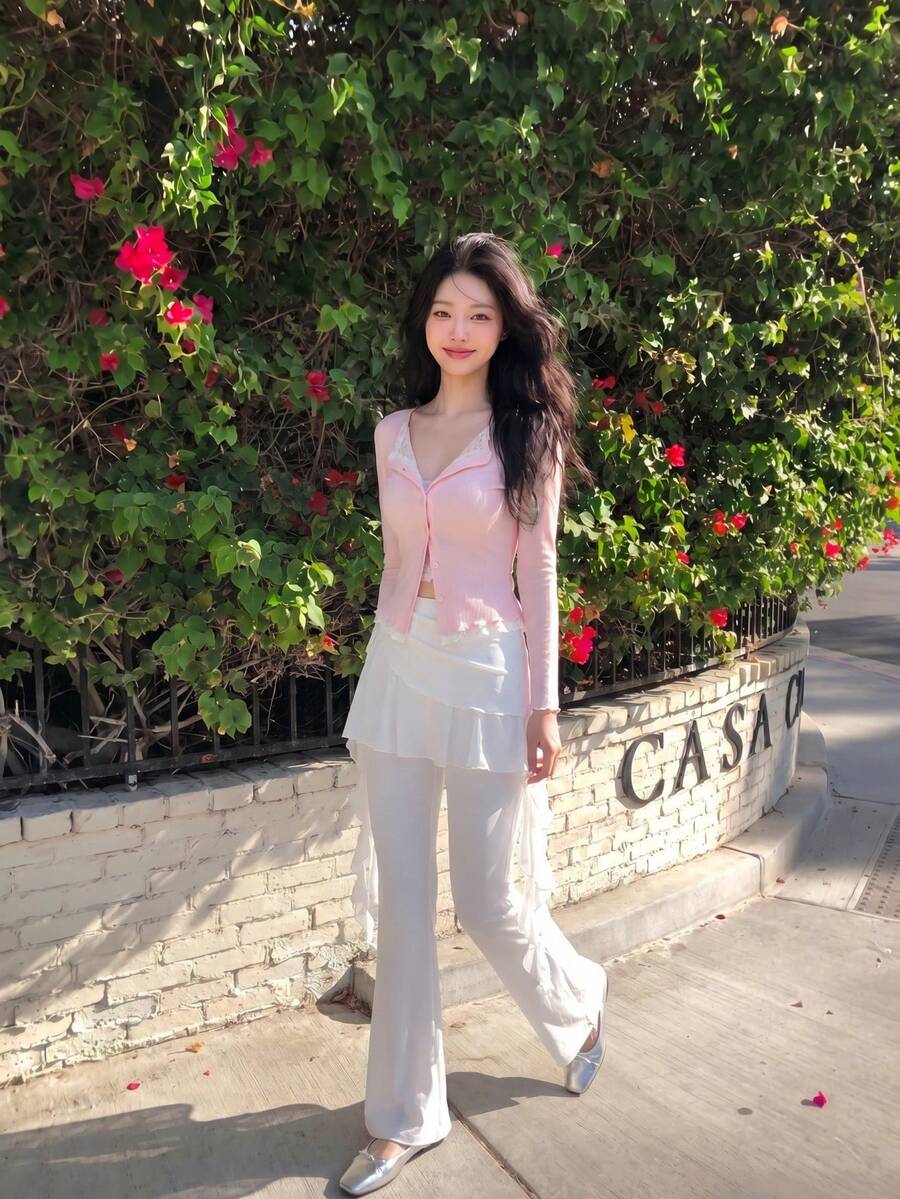 SHEIN MOD Solid Color Flared Pants With Ribbon Design, Ruched Sides And Drawstring