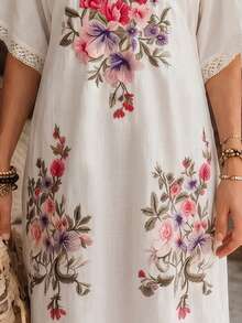 Elouméa Women's Spring/Summer French Casual Matrix V-Neck Batwing Sleeve Floral Print Contrast Lace Loose Dress Office Formal White - Apricot - View 4