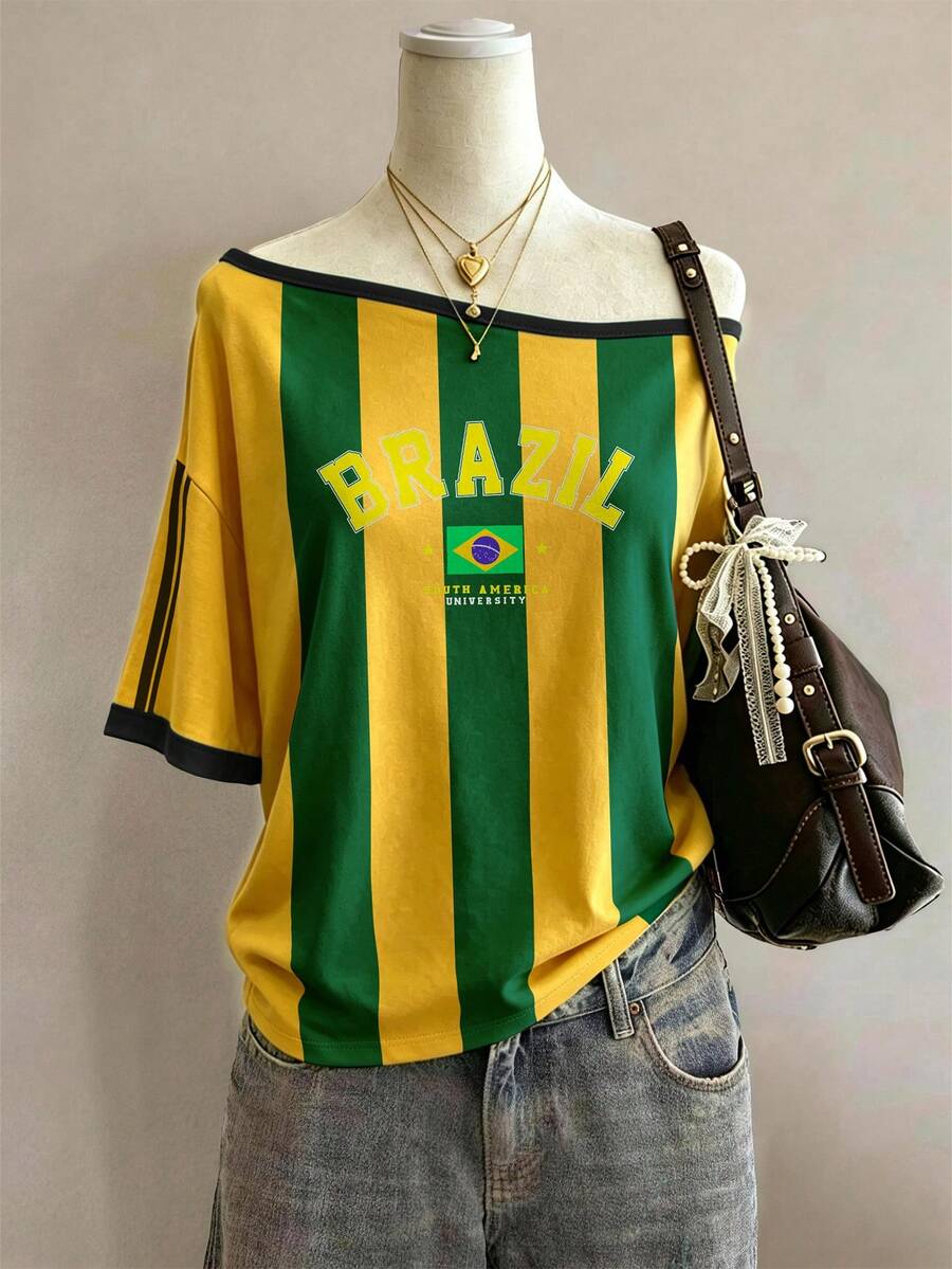 Lalippa Brasilien Muster Digitaldruck Mode Minimalistisches Damen Rundhals T-Shirt, Geschenk für Freunde - Verschiedenfarbig - Übersicht 1