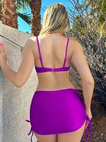 SHEIN Swim Ladies' 3pcs/Set Bikini Set With Faux Pearl Decor And Shell Cups, Including Swimwear, Cover-Up Skirt, For Summer Beach Vacation - Violet Purple - View 2