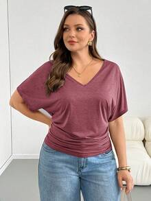 Shapeblank Plus Size Women Solid Color V-Neck Pleated Casual Versatile Daily Wear T-Shirt Club Formal Dark Purple Summer - Burgundy - View 4