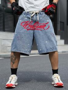Manfinity EMRG Shorts vaqueros azules casuales con bordado y cordón en la cintura estilo urbano para hombre - Lavado ligero - Ver 9
