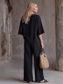 Faunlyn Women's Vacation Casual Basic Solid Color Shirt Pants 2 Pieces Set Cotton-Lin Brunch Black Summer - Black - View 3
