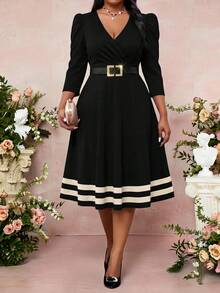 Fleurora Plus Size Women's Elegant Striped Dress With Overlap V-Neck And 3/4 Puff Sleeves Fall - Multicolor - View 1