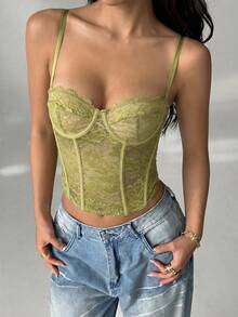 SHEIN PETITE 橄欖綠蕾絲透視細肩帶背心上衣，70年代夏季派對迪斯可夜店風，可愛內衣式上衣，無肩帶束胸上衣，女款夏季上衣，適合嬌小女性 - 薄荷綠 - 查看 3
