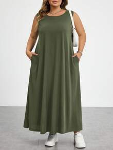 SHEIN CURVE+ 大尺碼女款夏季洋裝，女款度假洋裝，畢業禮服，商務休閒女款洋裝，女款辦公洋裝，新時尚休閒通勤套裝，條紋無袖口袋長洋裝，A字裙，黑白條紋洋裝 - 軍綠色 - 查看 9