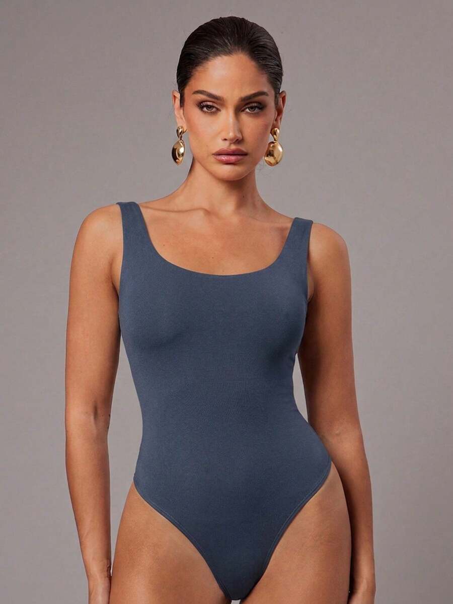 Silquee Basic Solid Color Backless Sleeveless Bodysuit - Navy Blue - View 1