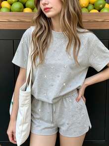青少年女孩插肩袖T恤與口袋短褲2件套裝，休閒水鑽工藝，灰色休閒寬鬆針織圓領短袖T恤搭配舒適休閒水鑽短褲，適合日常休閒場合，適合春夏季，輕鬆舒適，返校必備，夏季女孩套裝 - 淺灰色 - 查看 6