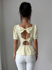 Elenzga Blusa de mujer elegante y de moda para el verano, cuello cuadrado amarillo, diseño de mangas abullonadas, decorada con patrón de jacquard floral vintage francés, dulce y encantadora, cintura esbelta, detalle de lazo hueco en la espalda. Adecuada para uso diario, ir al trabajo, vacaciones, citas - Amarillo - Ver 3