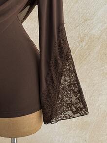 Soleia Women's Fashion One-Shoulder Ruched Lace Patchwork Sexy Romper - Brown - View 7