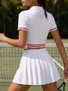 CourtClass CourtClass Kemeja Polo Olahraga Wanita Garis Merah dan Putih Warna Blok Model Pendek dengan Kancing Setengah Plaket untuk Tenis dan Musim Panas, Gaya Athleisure. - Putih - View 2