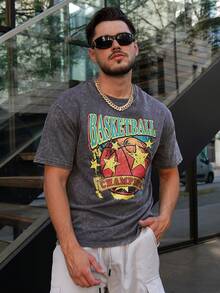LEOGASHI LEOGASHI Shwiy Men's Street-Style Washed Black Short Sleeve T-Shirt With Basketball & Star Graphic Print, Suitable For School Wear And Gift - Dark Grey - View 1