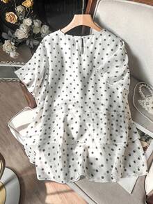 Lacomfia Casual Elegant Flapper 1920s Chiffon Polka Dot Print Round Neck Short Sleeve Layered Ruffle Hem Spring Summer Plus Size Blouse Office Evening - Black and White - View 2