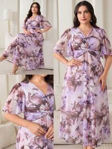 Modelyn Vestido de verano elegante con estampado floral y nudo para tallas grandes - Multicolor - Ver 3
